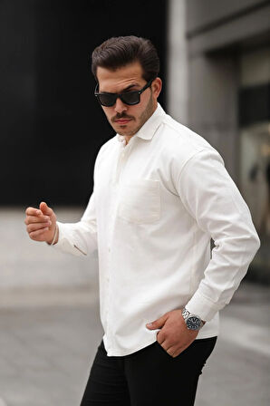 Tek Cepli Oversize Gabardin Kumaş Erkek Gömlek - Beyaz