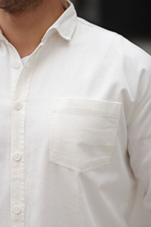 Tek Cepli Oversize Gabardin Kumaş Erkek Gömlek - Beyaz