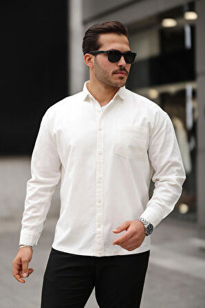 Tek Cepli Oversize Gabardin Kumaş Erkek Gömlek - Beyaz