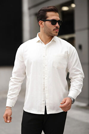 Tek Cepli Oversize Gabardin Kumaş Erkek Gömlek - Beyaz