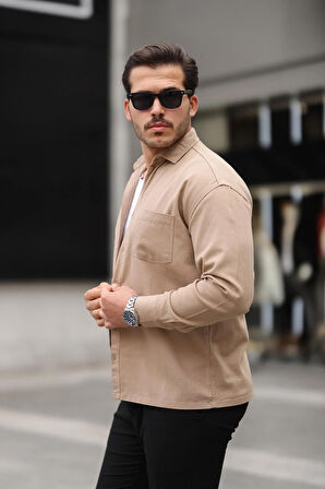 Tek Cepli Oversize Gabardin Kumaş Erkek Gömlek - Bej