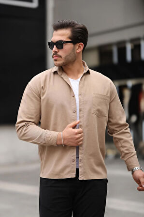 Tek Cepli Oversize Gabardin Kumaş Erkek Gömlek - Bej