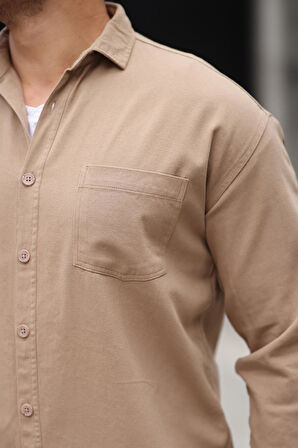 Tek Cepli Oversize Gabardin Kumaş Erkek Gömlek - Bej