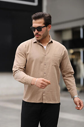 Tek Cepli Oversize Gabardin Kumaş Erkek Gömlek - Bej