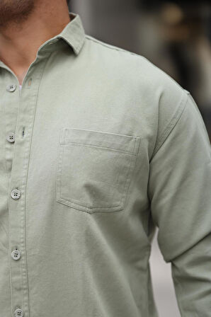 Tek Cepli Oversize Gabardin Kumaş Erkek Gömlek - Açık Yeşil