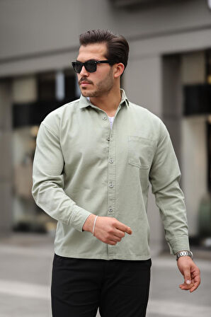 Tek Cepli Oversize Gabardin Kumaş Erkek Gömlek - Açık Yeşil