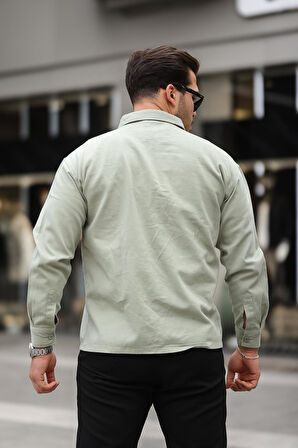 Tek Cepli Oversize Gabardin Kumaş Erkek Gömlek - Açık Yeşil