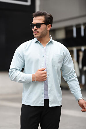Tek Cepli Oversize Gabardin Kumaş Erkek Gömlek - Bebe Mavi
