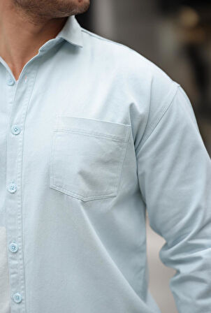 Tek Cepli Oversize Gabardin Kumaş Erkek Gömlek - Bebe Mavi