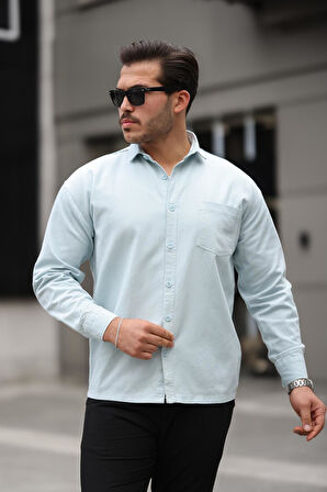 Tek Cepli Oversize Gabardin Kumaş Erkek Gömlek - Bebe Mavi