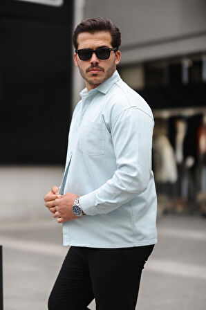 Tek Cepli Oversize Gabardin Kumaş Erkek Gömlek - Bebe Mavi