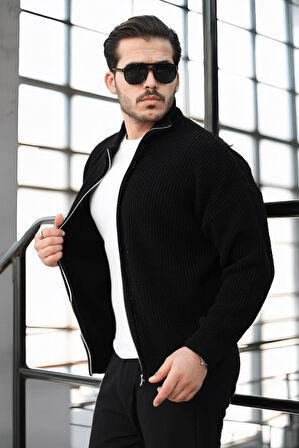 Oversize Selanik Örme Fermuarlı Erkek Hırka- Siyah