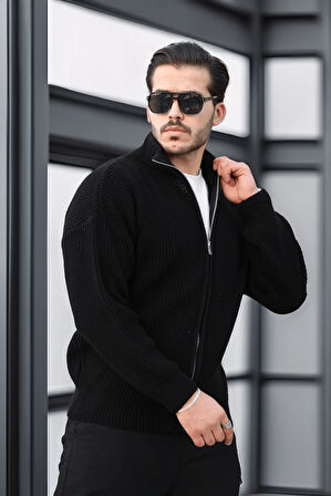 Oversize Selanik Örme Fermuarlı Erkek Hırka- Siyah