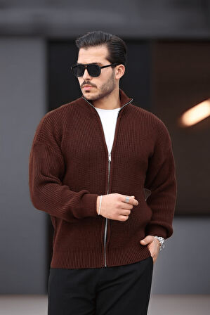 Oversize Selanik Örme Fermuarlı Erkek Hırka- Kahve