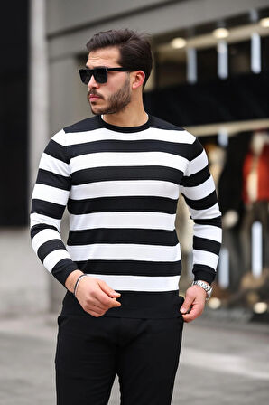 Örme Çizgili Bisiklet Yaka İnce Triko Erkek Kazak - Siyah