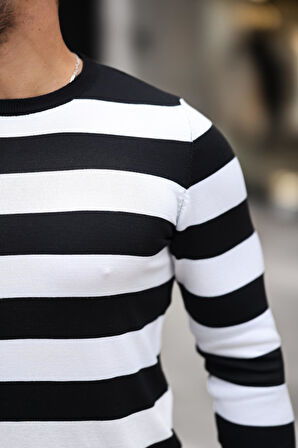 Örme Çizgili Bisiklet Yaka İnce Triko Erkek Kazak - Siyah