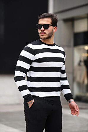 Örme Çizgili Bisiklet Yaka İnce Triko Erkek Kazak - Siyah