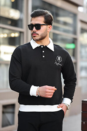 Polo Yaka Düğmeli Nakışlı Sweatshirt - Siyah