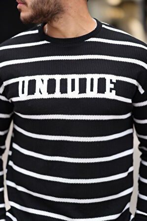 Unique Baskılı Çizgili Erkek Sweatshirt - Siyah