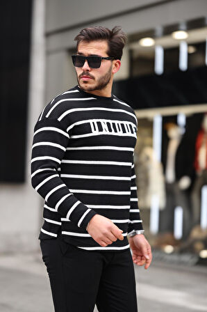 Unique Baskılı Çizgili Erkek Sweatshirt - Siyah