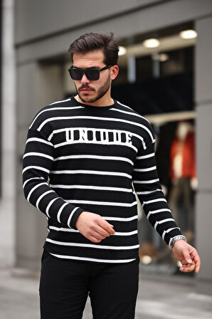 Unique Baskılı Çizgili Erkek Sweatshirt - Siyah