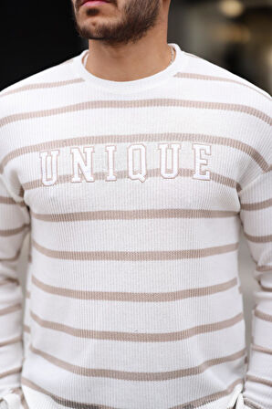 Unique Baskılı Çizgili Erkek Sweatshirt - Bej