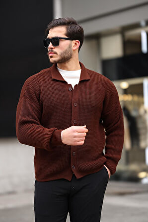 Oversize Selanik Örgü Düğmeli Erkek Hırka- KoyuKahve