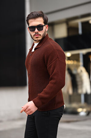 Oversize Selanik Örgü Düğmeli Erkek Hırka- KoyuKahve