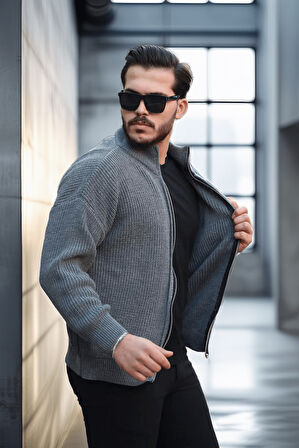 Oversize Selanik Örme Fermuarlı Erkek Hırka- Füme