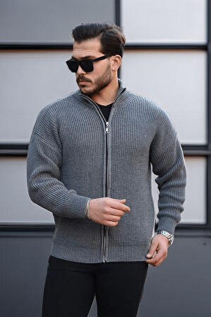Oversize Selanik Örme Fermuarlı Erkek Hırka- Füme