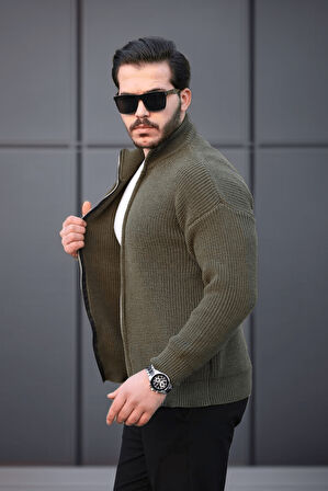Oversize Selanik Örme Fermuarlı Erkek Hırka- Haki