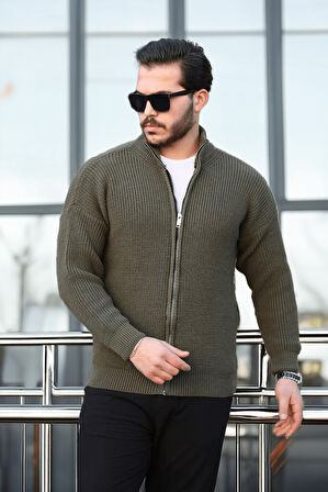 Oversize Selanik Örme Fermuarlı Erkek Hırka- Haki