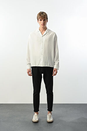 Viskon Dikey Çizgili Rahat Kalıp Erkek Gömlek - Beyaz