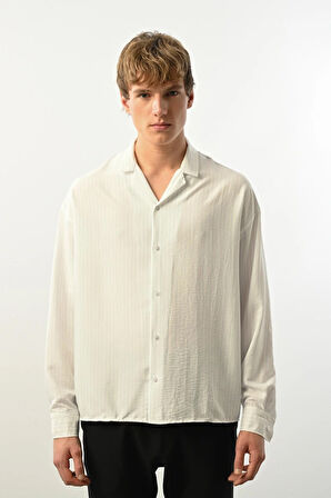 Viskon Dikey Çizgili Rahat Kalıp Erkek Gömlek - Beyaz