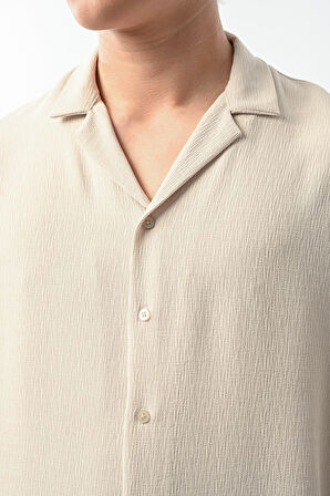 Apaş Yaka Uzun Kol Dokulu Erkek Gömlek - Taş