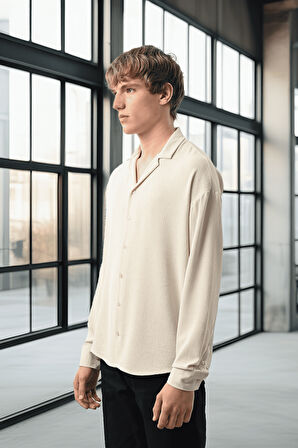 Apaş Yaka Uzun Kol Dokulu Erkek Gömlek - Taş