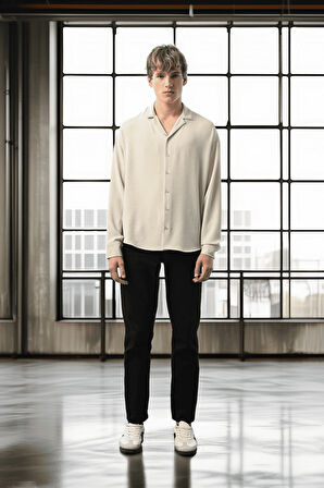 Apaş Yaka Uzun Kol Dokulu Erkek Gömlek - Taş