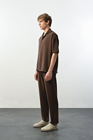 Soft Touch Kumaş Baggy Kalıp Lastikli Erkek Pantolon - Kahve