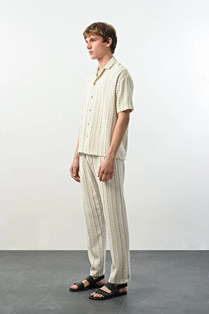 Bohem Çizgili Örme Kumaş Erkek Pantolon - Ekru