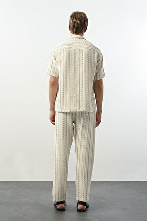 Bohem Çizgili Örme Kumaş Erkek Pantolon - Ekru