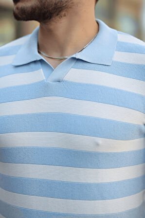 Premium Yan Çizgili Viskon Polo Yaka Triko Erkek T-Shirt - Mavi