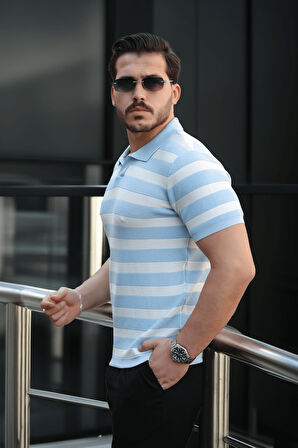 Premium Yan Çizgili Viskon Polo Yaka Triko Erkek T-Shirt - Mavi