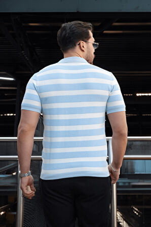 Premium Yan Çizgili Viskon Polo Yaka Triko Erkek T-Shirt - Mavi