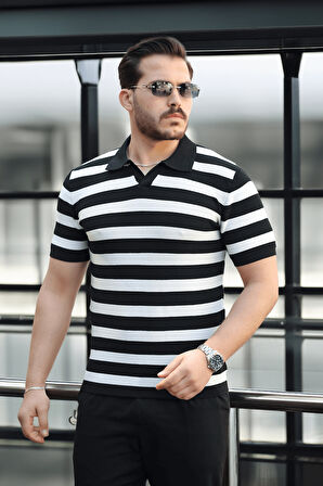 Premium Yan Çizgili Viskon Polo Yaka Triko Erkek T-Shirt - Siyah