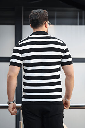 Premium Yan Çizgili Viskon Polo Yaka Triko Erkek T-Shirt - Siyah