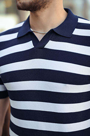 Premium Yan Çizgili Viskon Polo Yaka Triko Erkek T-Shirt - Lacivert