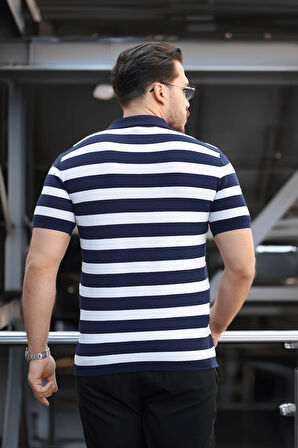 Premium Yan Çizgili Viskon Polo Yaka Triko Erkek T-Shirt - Lacivert