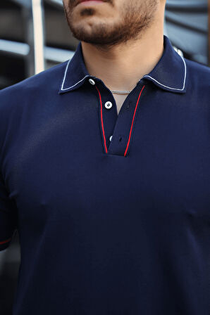 Premium Şerit Detaylı Viskon Polo Yaka Triko Erkek T-Shirt - Lacivert