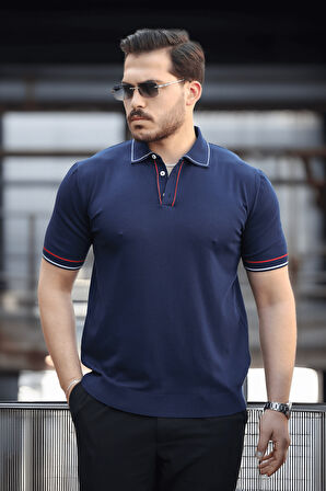 Premium Şerit Detaylı Viskon Polo Yaka Triko Erkek T-Shirt - Lacivert