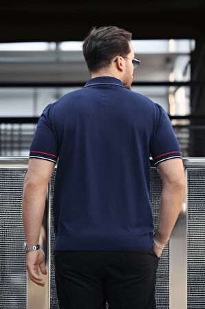 Premium Şerit Detaylı Viskon Polo Yaka Triko Erkek T-Shirt - Lacivert